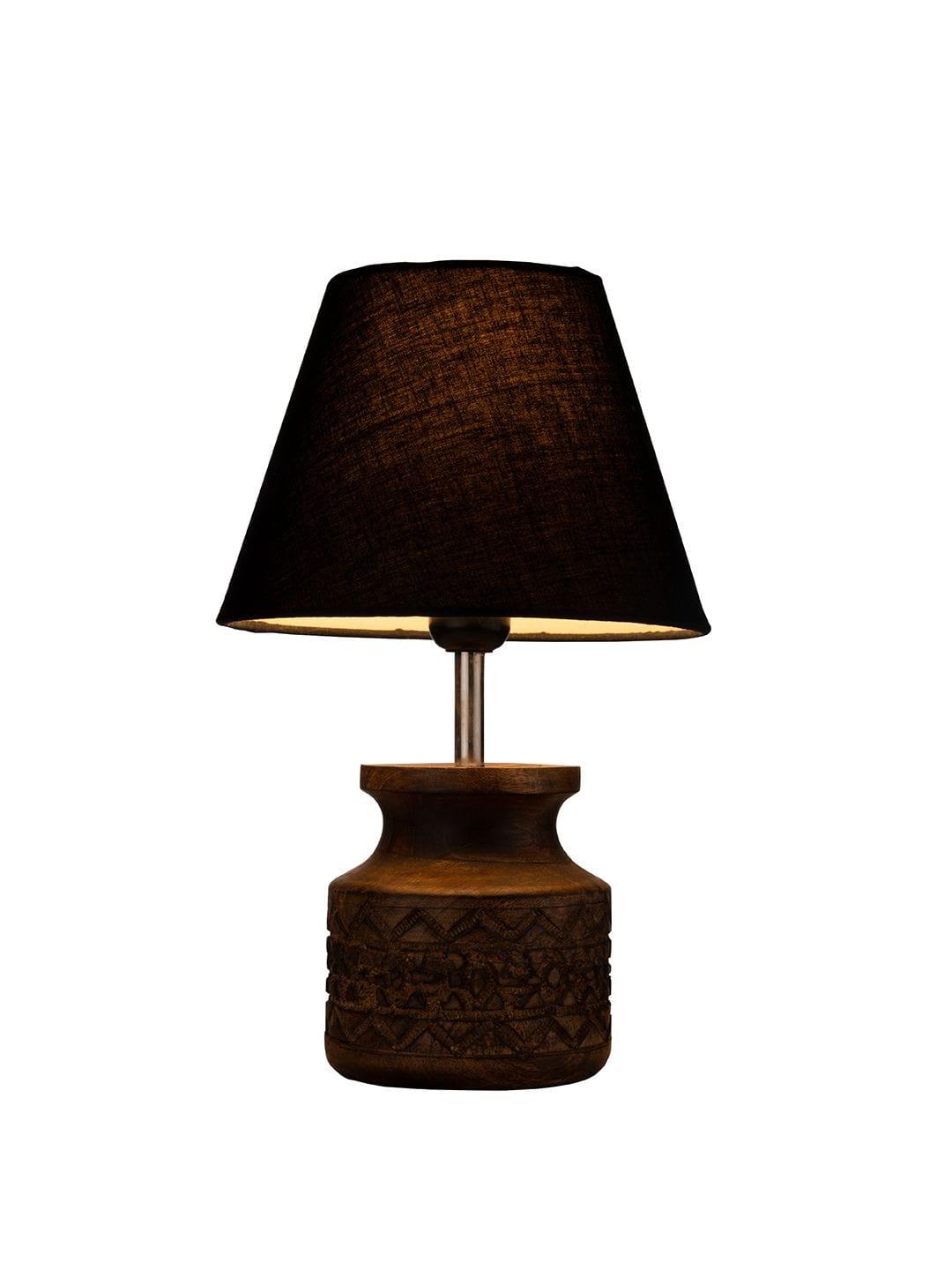 Wooden Carved Lamp with Taper Cotton Black Shade - Ouch Cart 