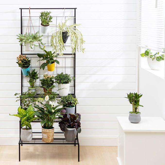 Plant Stand 3-Tier Hanging Shelves Flower Pot Organizer Multiple Flower Display Holder Indoor Outdoor Heavy Duty Potted Planter Rack Unit with Grid Panel for Living Room Balcony - Ouch Cart 