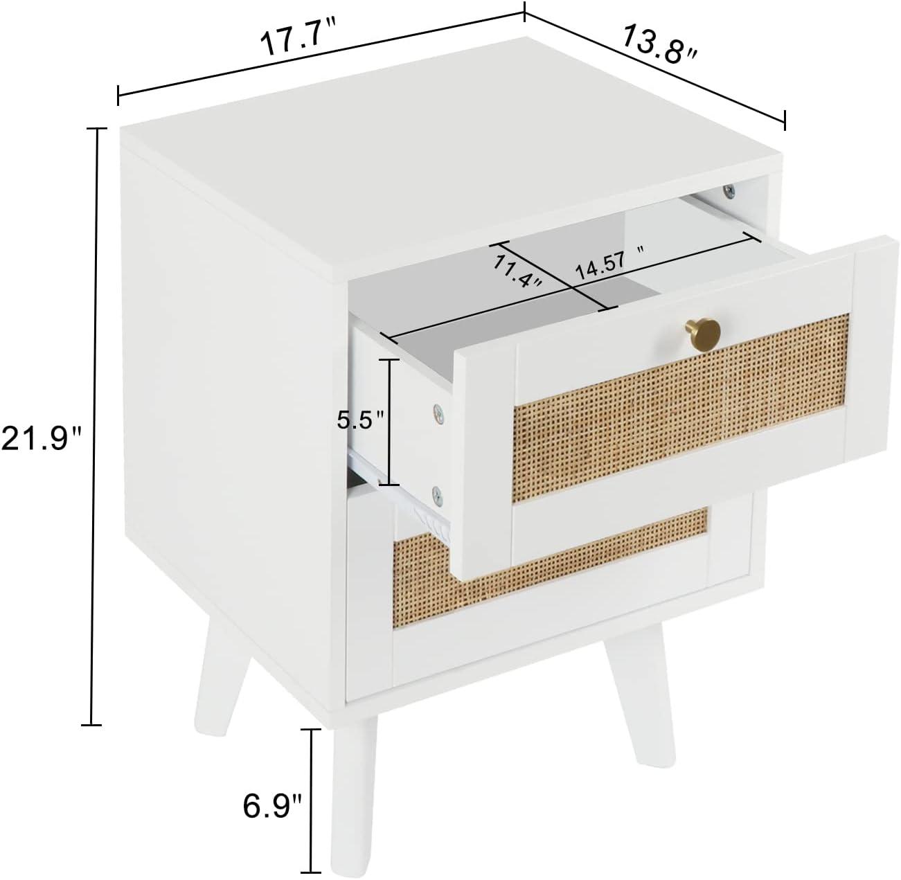 Anmytek White Nightstand, Farmhouse Rattan Bedside Table with 2 Drawers - Ouch Cart 