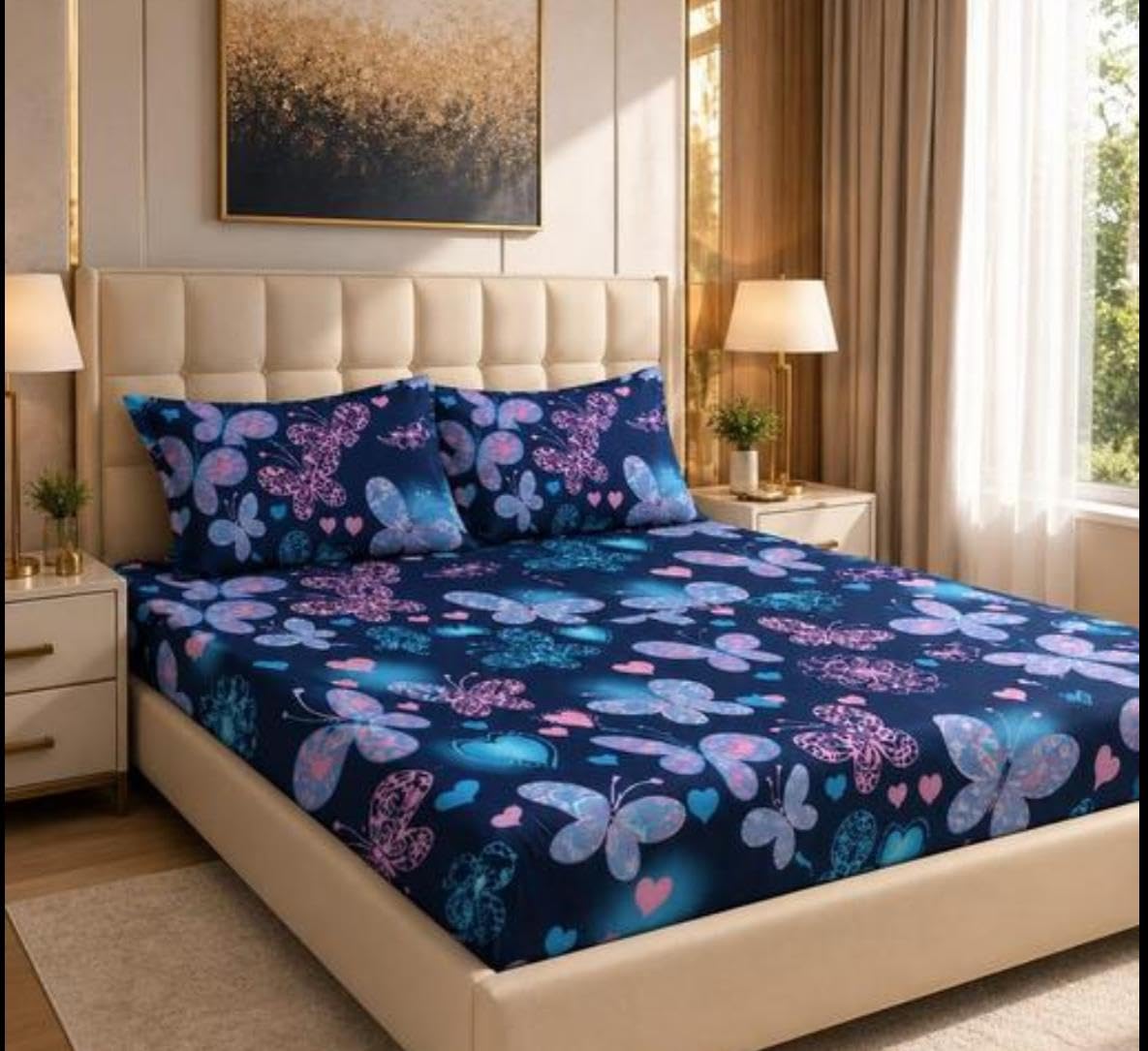 Double Queen Cotton Fitted Bedsheet with 2 Pillow Covers | 200 Thread Count | Superfine 3D Printed Elastic Bedsheet | Soft & Comfortable Summer Bedding for Adults