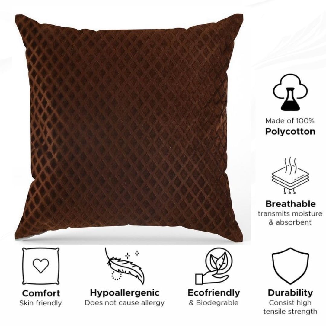 Brown Diamond Quilted Velvet Cushion Covers, 16 x 16 Inch, Set of 5