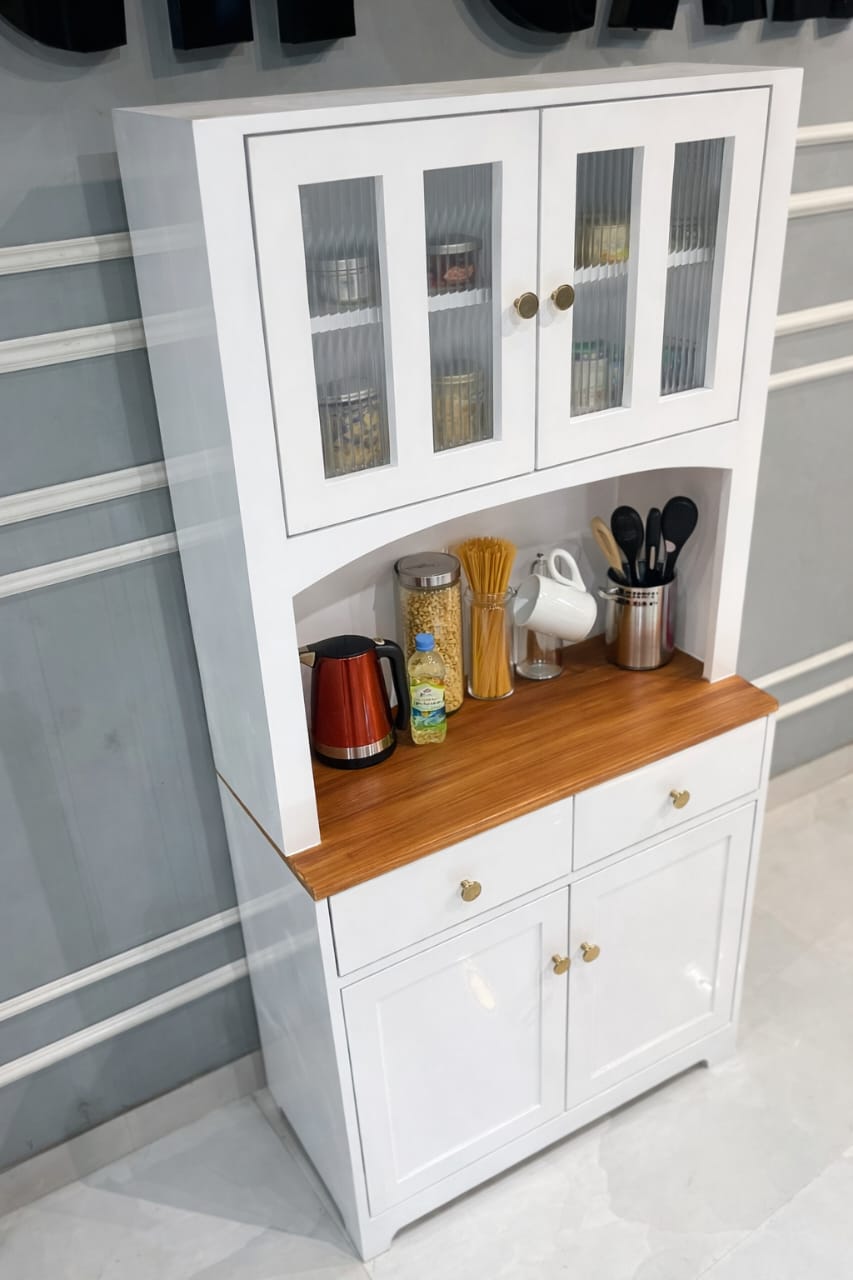 Buffet Cabinet with Hutch Kitchen Pantry Storage Cabinet White Sideboard for Kitchen Storage Microwave Cabinet with Storage, 4 Doors, 2 Adjustable Shelves & 1 Drawers