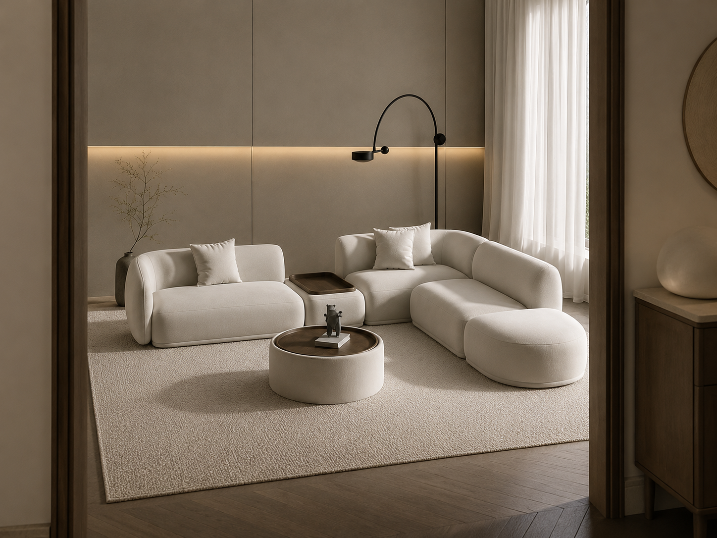 Ouch Cart Modern Curved Modular Sectional Sofa with Wooden Side Tray | Luxury Bouclé Upholstered L-Shaped Sofa Set for Living Room | Minimalist Contemporary Couch, Cream White