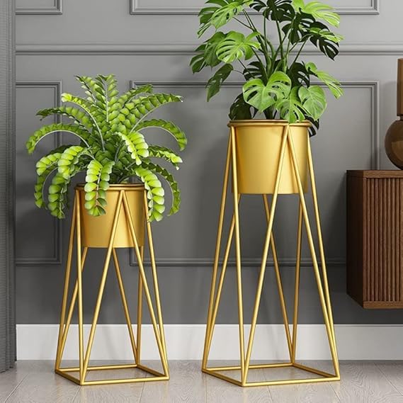 Planters for Indoor - Outdoor Plants & Modern Metal Floor Tall Plant Stand for Garden, Balcony & Living Room & Mid Century Plant Stands with Pots Set of 2