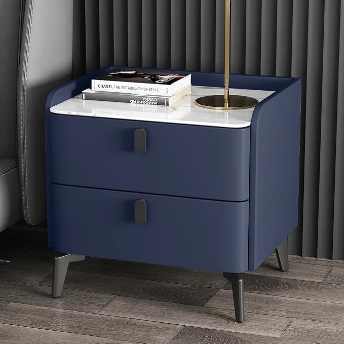 Ouch Cart Modern Blue Bedside Table with 2 Drawers & Marble Top – Top View