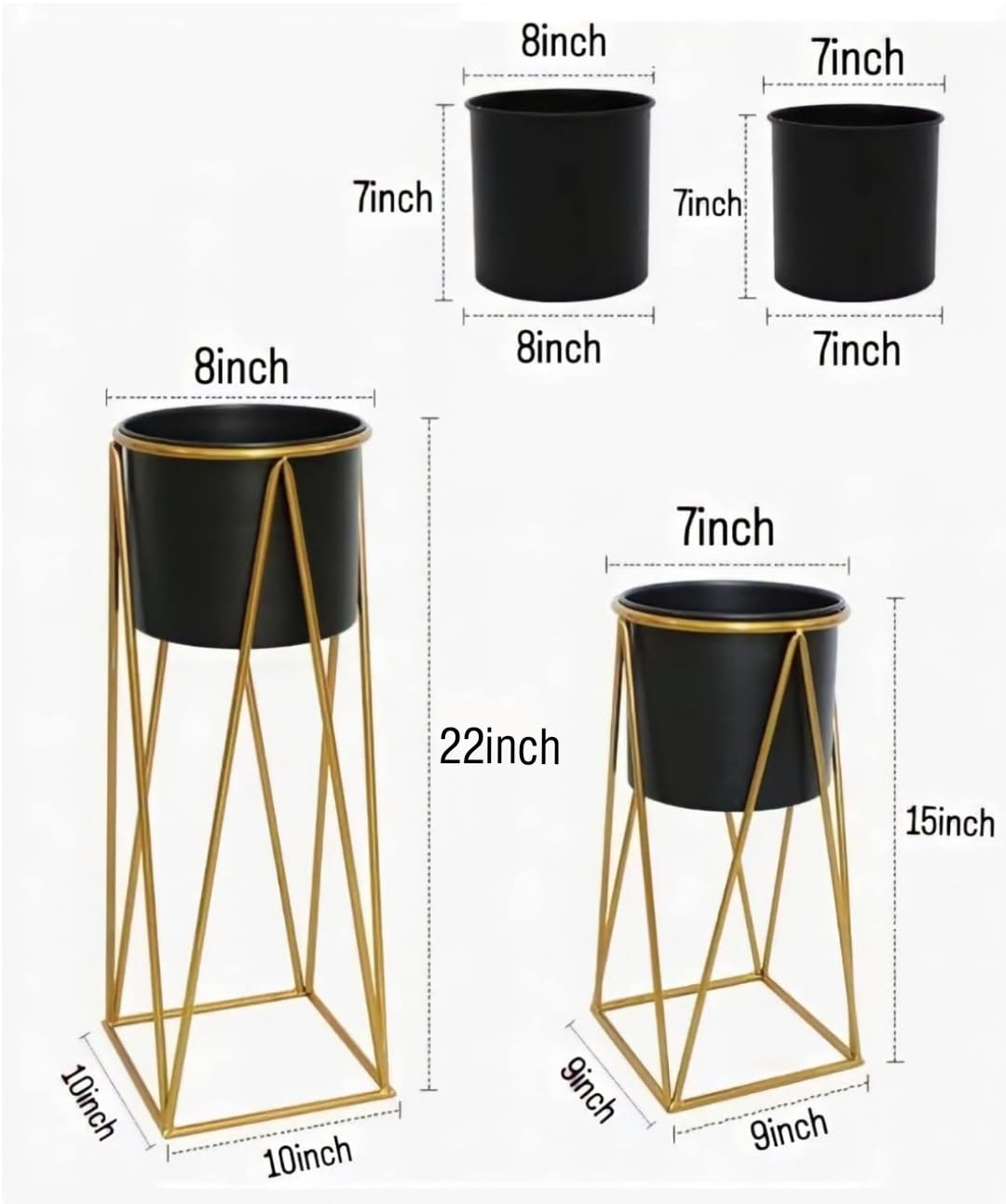 Planters for Indoor - Outdoor Plants & Modern Metal Floor Tall Plant Stand for Garden, Balcony & Living Room & Mid Century Plant Stands with Pots Set of 2