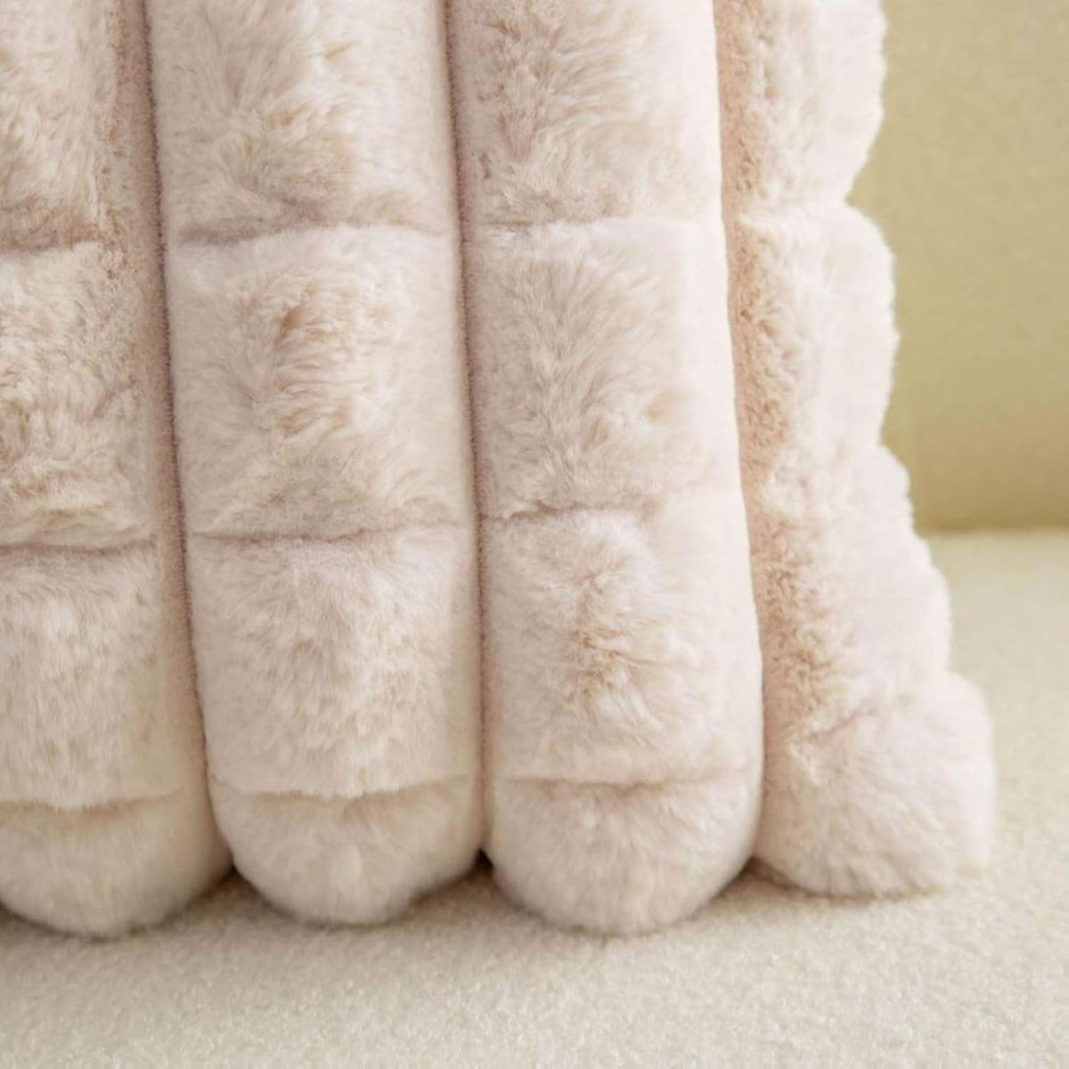 Cream Checkered Faux Fur Cushion Covers, 16 x 16 Inch, Set of 2