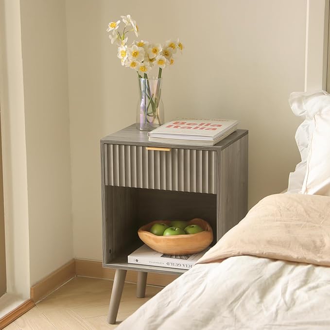 Mid Century Modern Nightstand, Wood Bedside Table with Drawer and Opening Storage, End Table Living Room Fluted Night Stand with Solid Wood Legs for Bedroom