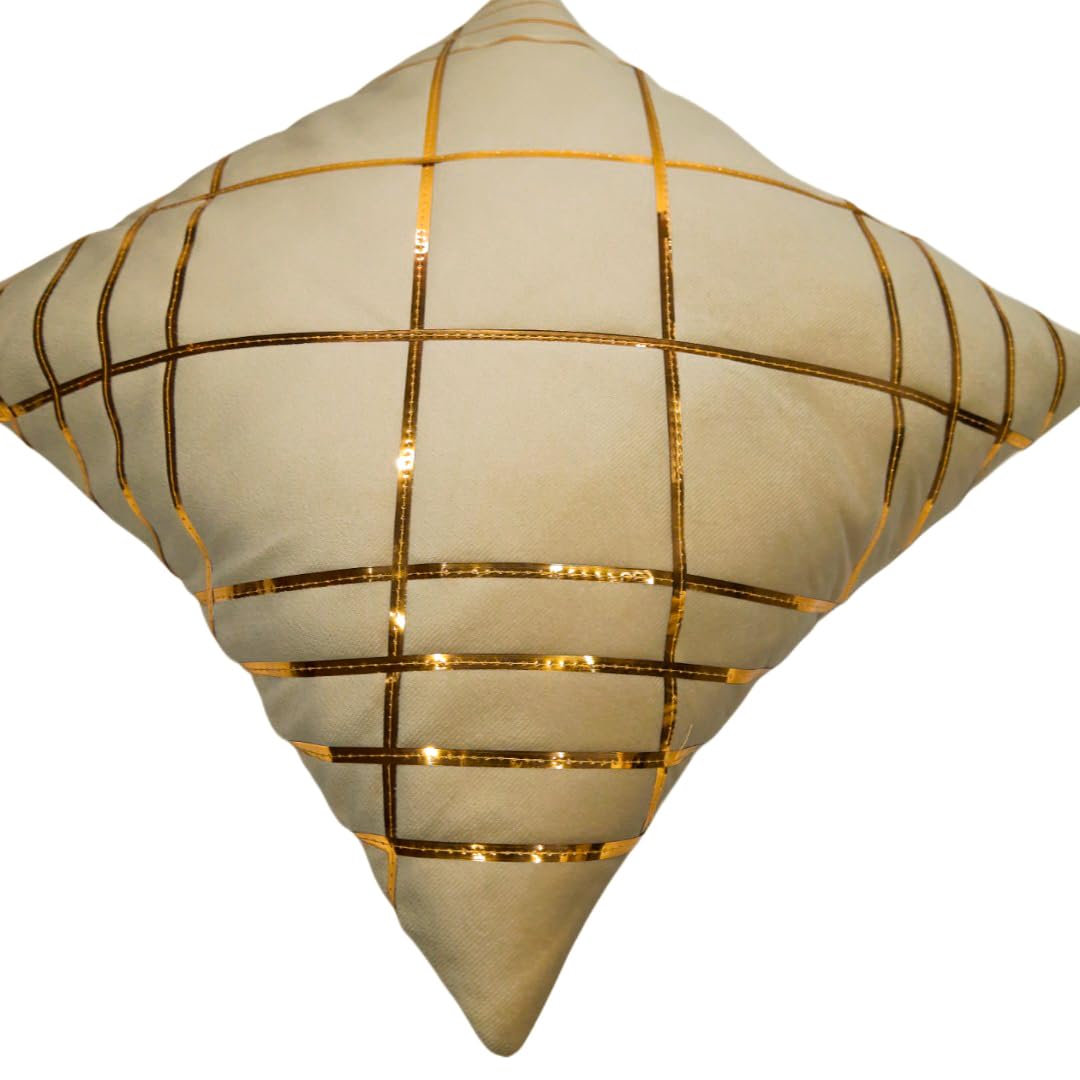 Beige & Gold Checked Velvet Cushion Covers, 16 x 16 Inch, Set of 5
