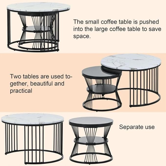 Shop Round Modern Nesting Coffee Table Set of 2 at Ouch Cart! Features marble veneer tops & sturdy metal frames—buy now at a heavy discount to elevate any space!- OUCHCART