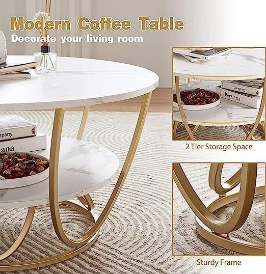 Round Gold Coffee Table,2 Tier Coffee Tables for Living Room - Ouch Cart 