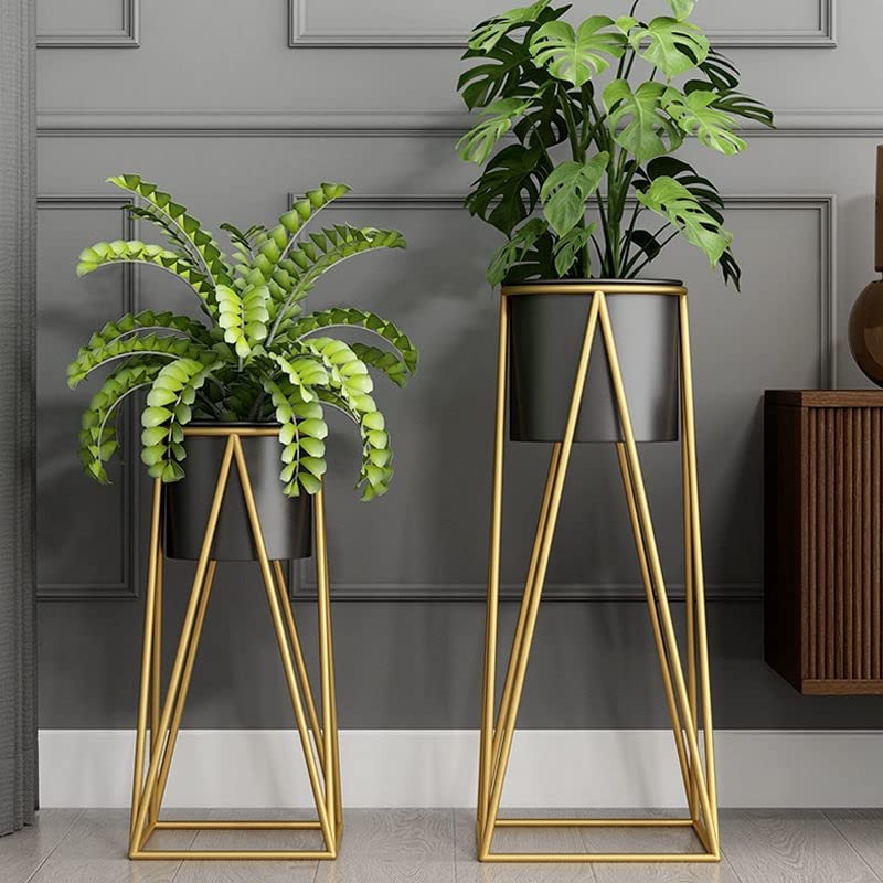 Planters for Indoor - Outdoor Plants & Modern Metal Floor Tall Plant Stand for Garden, Balcony & Living Room & Mid Century Plant Stands with Pots Set of 2