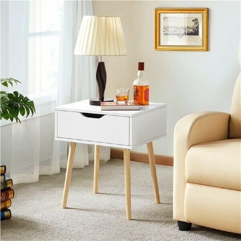 Nightstands End Side Table with Drawer and Solid Wood Legs, Bedside Table for Bedrooms, Mid-Century Modern Drawer Storage Cabinet for Living Room Furniture