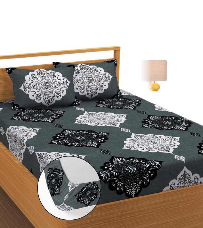 All-Round Elastic Single Fitted Bedsheet with 1 Pillow Cover | 300 TC Glace Cotton | Superfine Ethnic Motif Print | Soft & Comfortable Summer Bedsheet