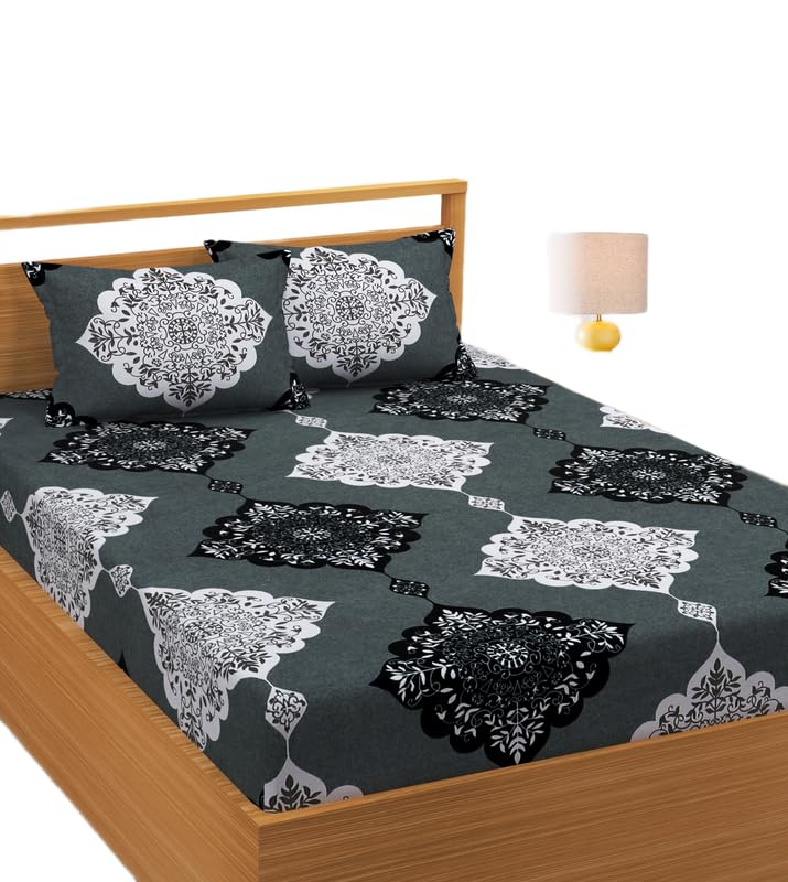 All-Round Elastic Single Fitted Bedsheet with 1 Pillow Cover | 300 TC Glace Cotton | Superfine Ethnic Motif Print | Soft & Comfortable Summer Bedsheet