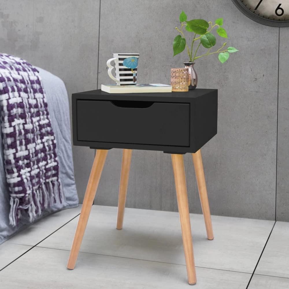 Nightstands End Side Table with Drawer and Solid Wood Legs, Bedside Table for Bedrooms, Mid-Century Modern Drawer Storage Cabinet for Living Room Furniture - Ouch Cart 