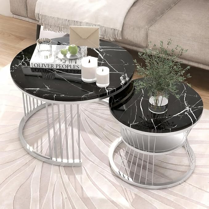 Iron Frame Faux Marbled Laminated Round Coffee Table Set of 2 Stacking Center Tables for Living Room Bedroom or Apartments (Golden White)