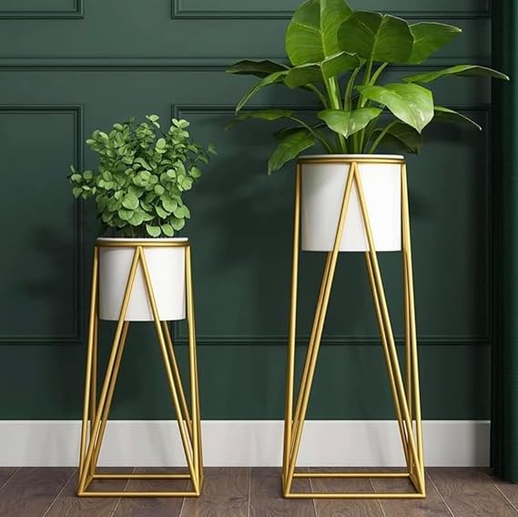 Planters for Indoor - Outdoor Plants & Modern Metal Floor Tall Plant Stand for Garden, Balcony & Living Room & Mid Century Plant Stands with Pots Set of 2