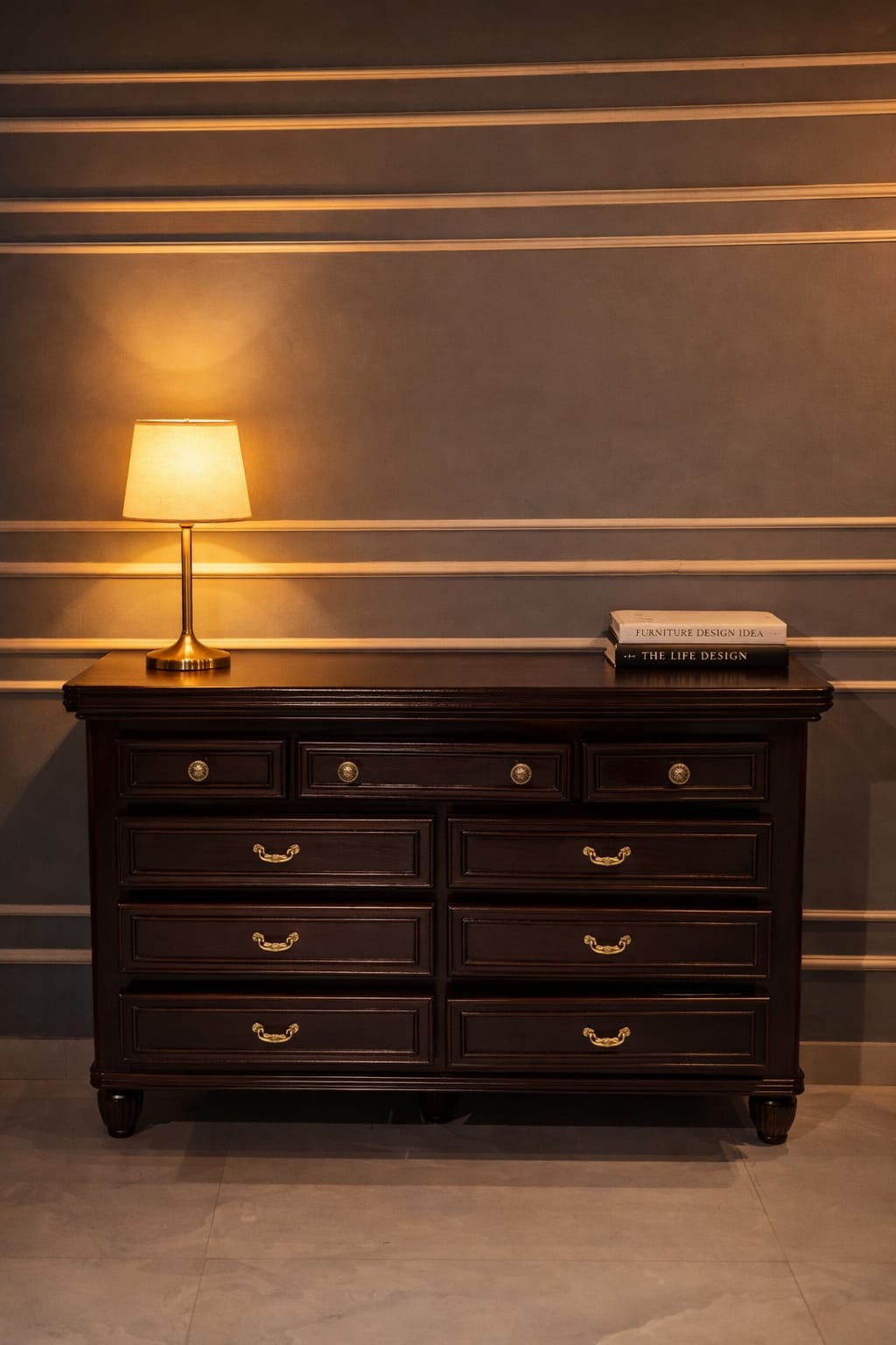 Classic Dark Wood Chest of Drawers with Brass Handles | Elegant Storage Cabinet
