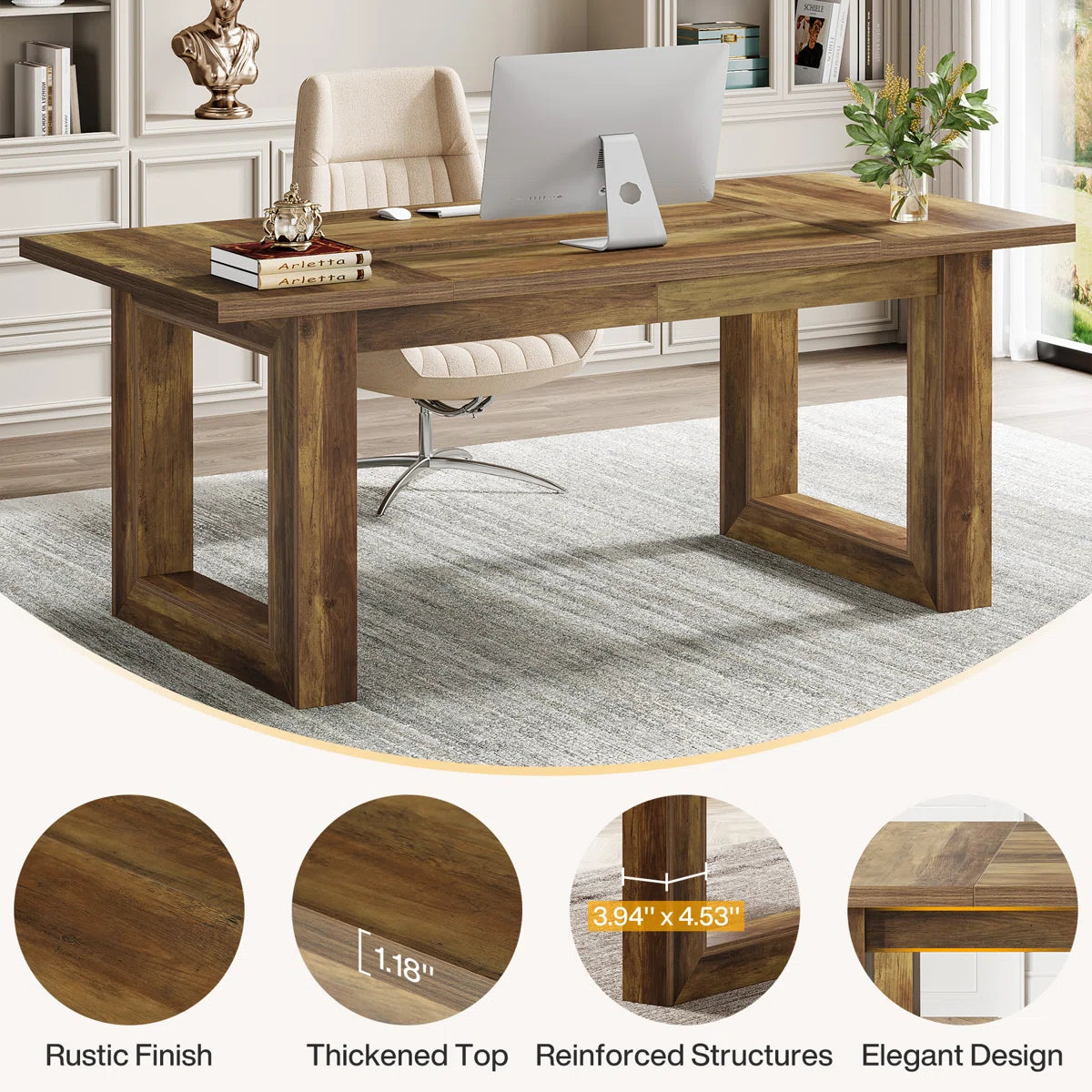 Executive Desk with Solid Wooden Square Base – Modern Computer & Writing Desk