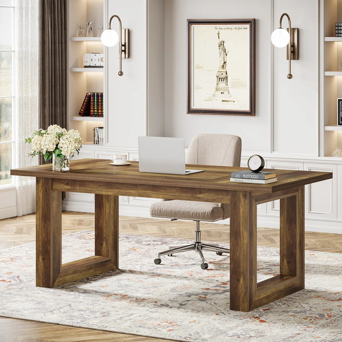 Executive Desk with Solid Wooden Square Base – Modern Computer & Writing Desk