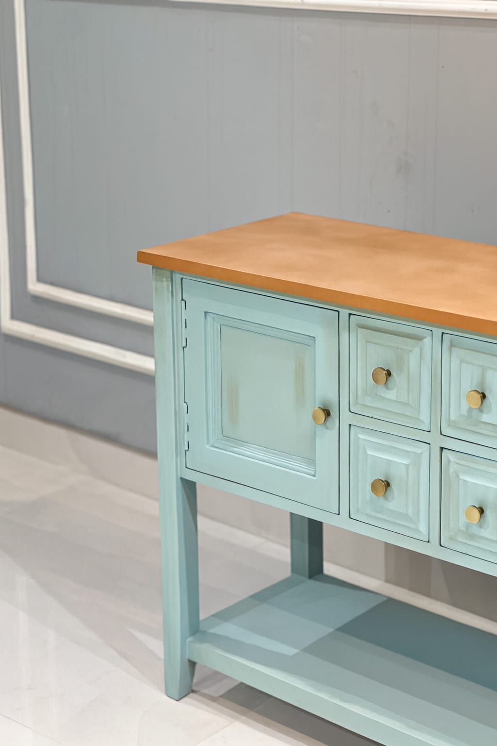Vintage Teal Wooden Sideboard Cabinet with Natural Wood Top | Storage Console Unit