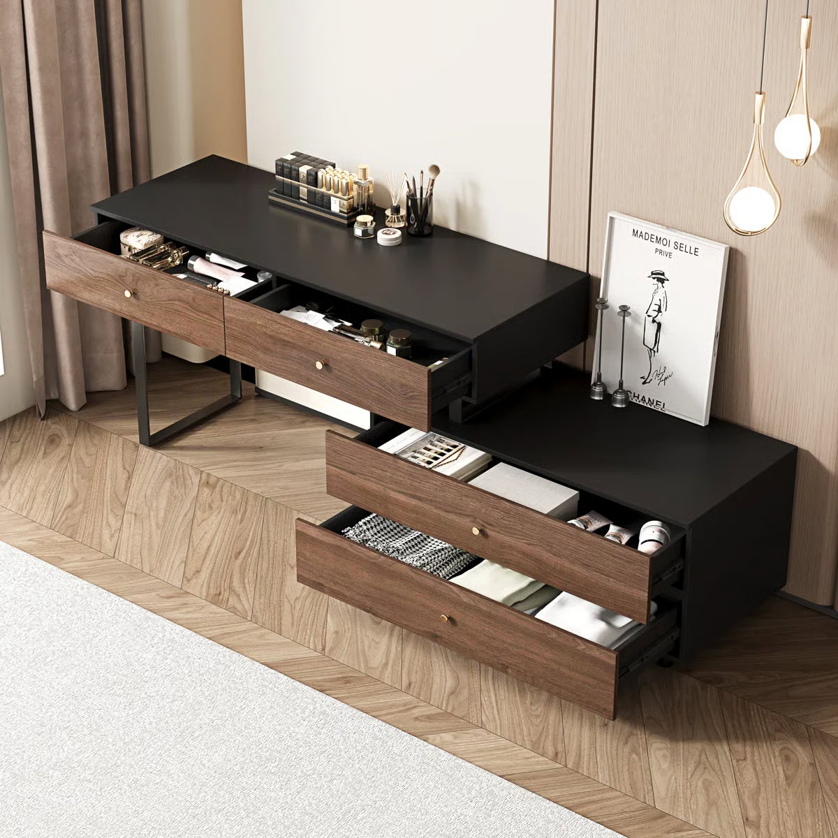 68.9‘’ Extended Desk Makeup Vanity Table With 4 Storage Drawers-OUCH CART | Dressing table 