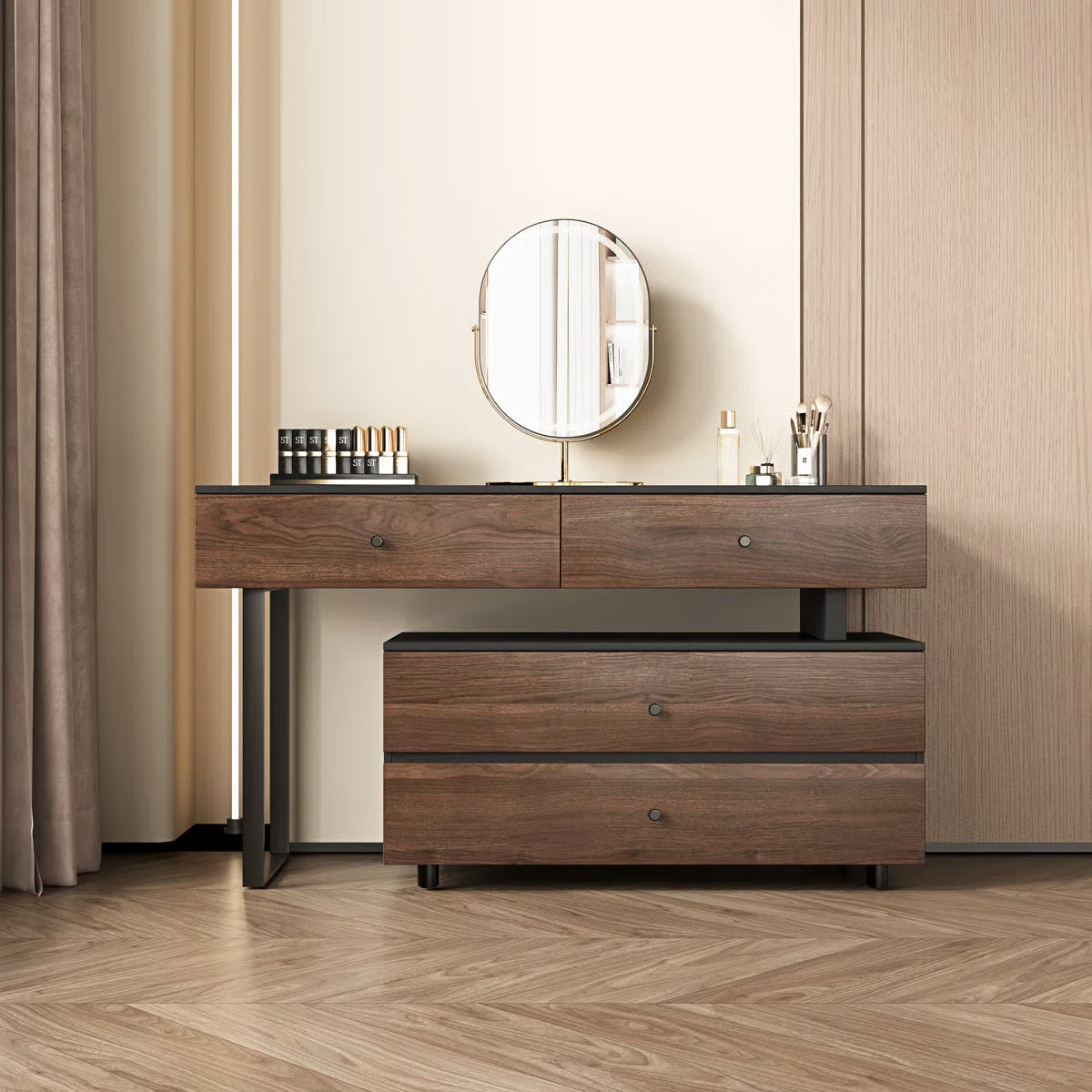 68.9‘’ Extended Desk Makeup Vanity Table With 4 Storage Drawers Walnut Wooden Writing Desk