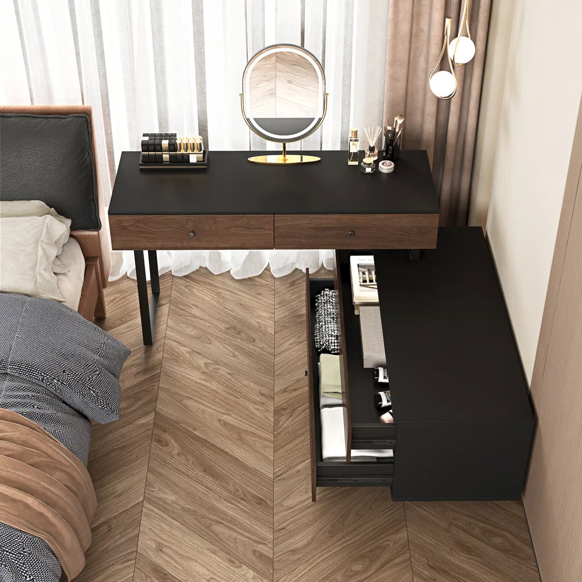 68.9‘’ Extended Desk Makeup Vanity Table With 4 Storage Drawers Walnut Wooden Writing Desk