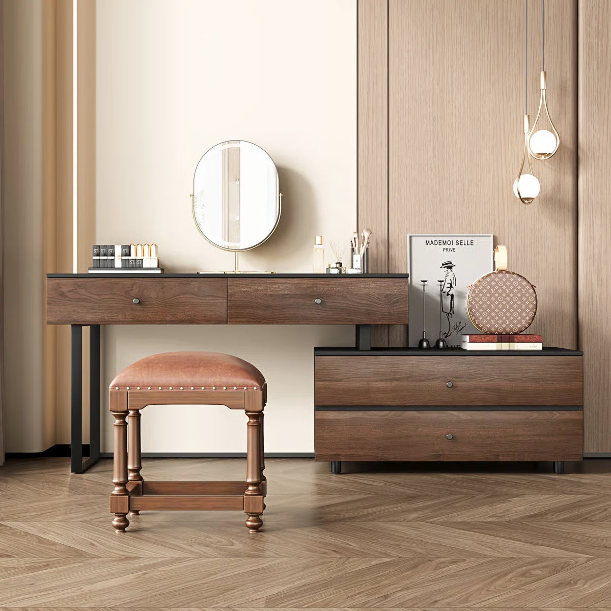 68.9‘’ Extended Desk Makeup Vanity Table With 4 Storage Drawers Walnut Wooden Writing Desk