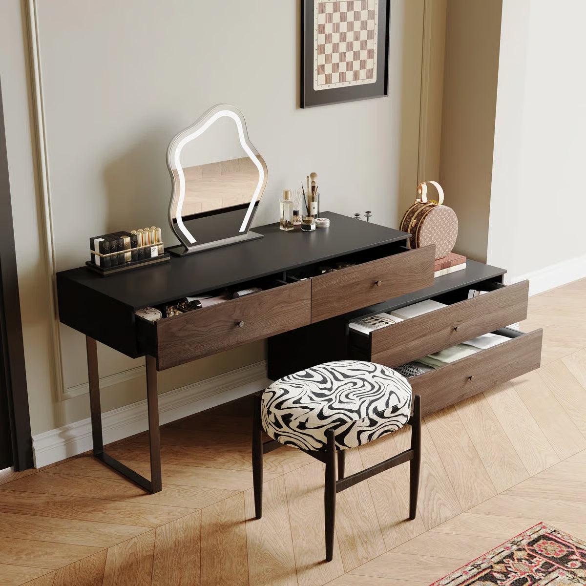 68.9‘’ Extended Desk Makeup Vanity Table With 4 Storage Drawers Walnut Wooden Writing Desk