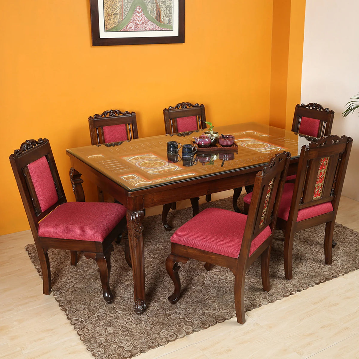 6 Seater Wooden Dining Table Set with Chairs | Solid Wood Dining Table with Glass Top & Upholstered Chairs