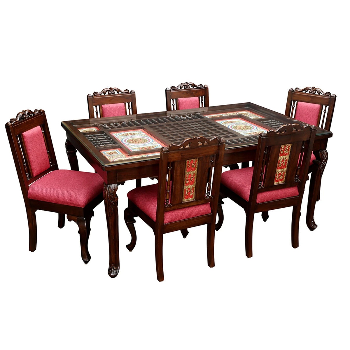 6 Seater Wooden Dining Table Set with Chairs | Solid Wood Dining Table with Glass Top & Upholstered Chairs