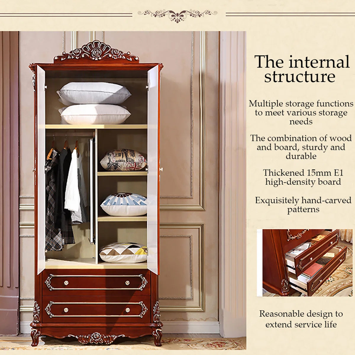 European-Style Oak Carved Wardrobe