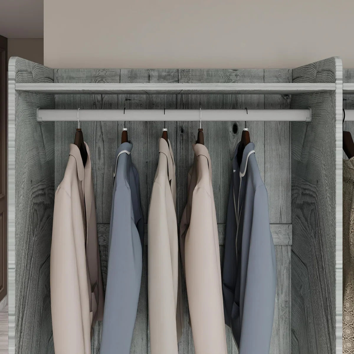 Open Wooden Wardrobe In Bedroom