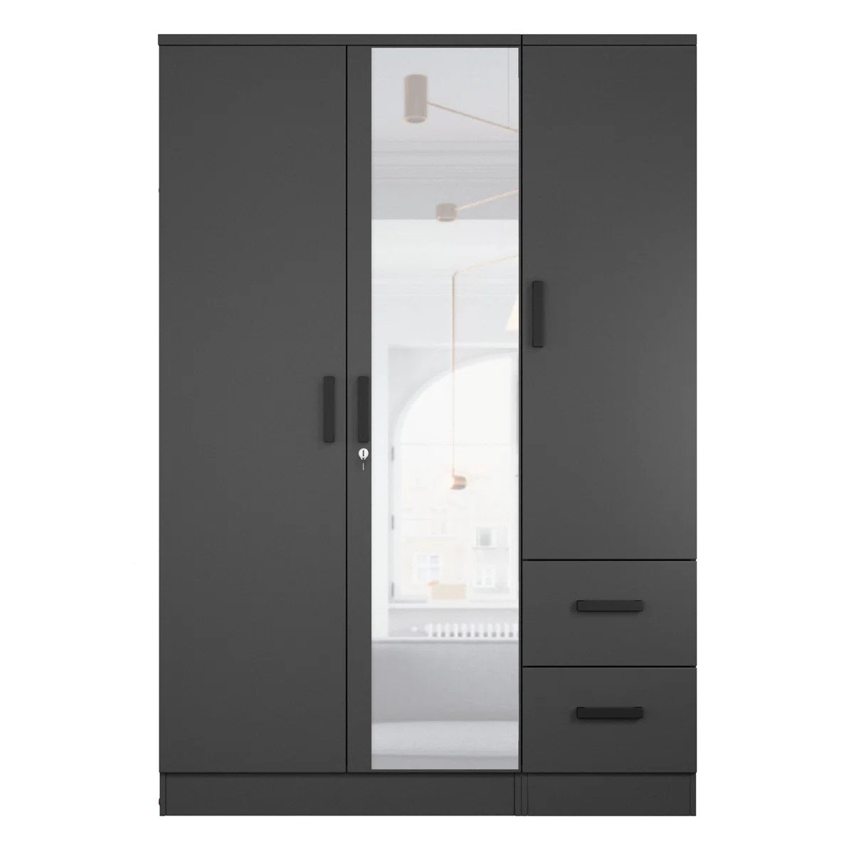 Wooden 2 Drawers 3 Doors Wardrobe Armoire With Mirror