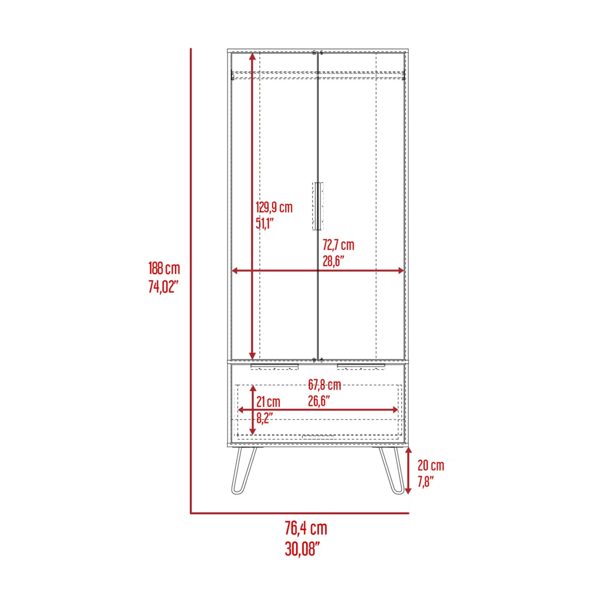 Light Oak Wooden Wardrobe With 2-Doors And 1-Drawer
