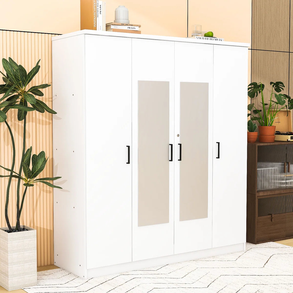 Contemporary Wooden Freestanding Wardrobe with Built-in Mirrors and Lockable Drawer