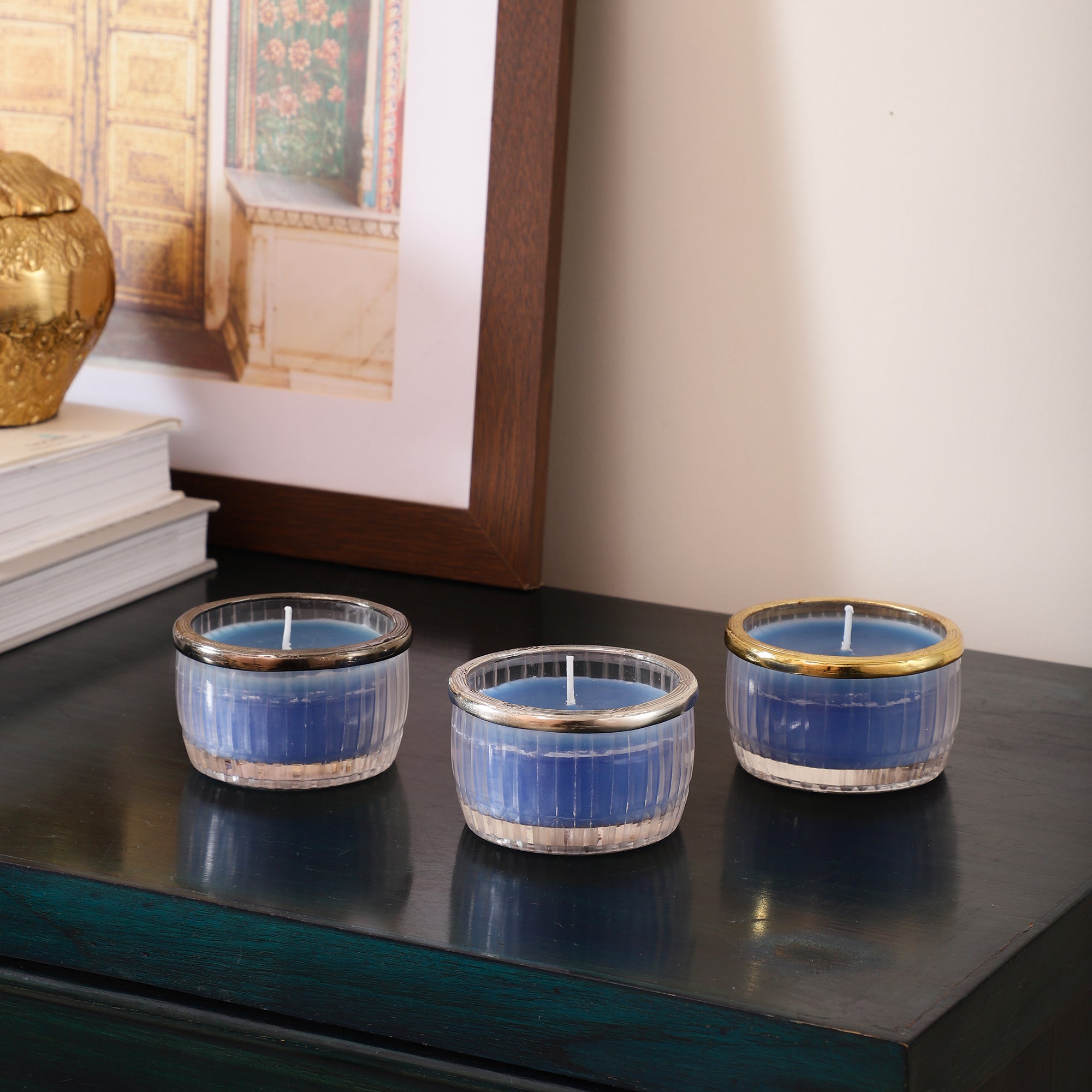 ocean breeze blue Scented candle glass jar with Silver ring