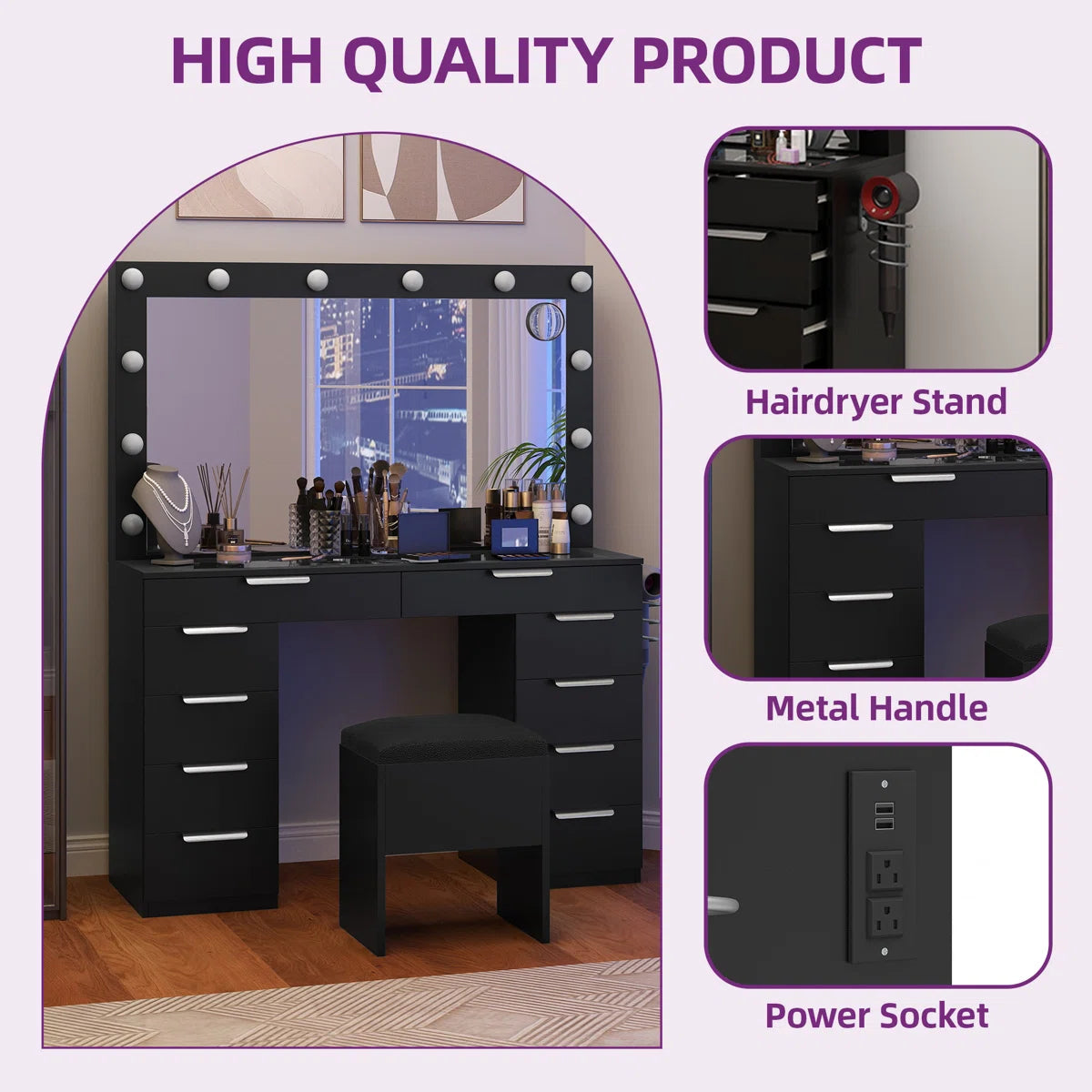 LED Makeup Vanity Desk with 3 Brightness Levels for Bedroom or Dressing Room