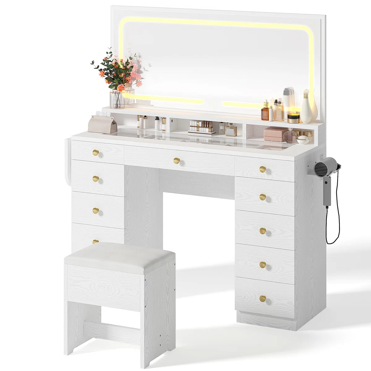 46’’ Makeup Vanity Set with LED Lights, Mirror, Power Outlet, 11 Drawers, and Matching Stool