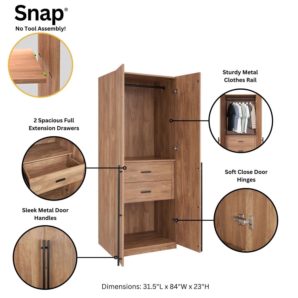 Lee Freestanding 3-Piece Module Wardrobe Closet with 2 Hanging Rods, 4 Drawers, 3 Shoe Storage and 6 Shelves