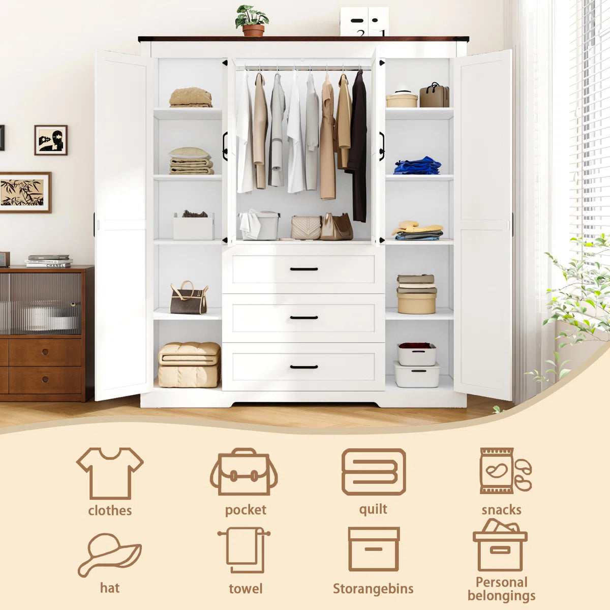 Farmhouse 4-door Wooden Armoire Wardrobe Closet With 3 Drawers, Wardrobe Closet With Hanging Rod And Shelves Tall Clothes Storage Cabinet For Bedroom