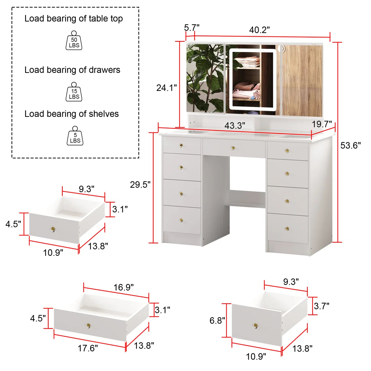 Luxury Makeup Vanity Desk with LED Lights and Storage-OUCH CART | Dressing table