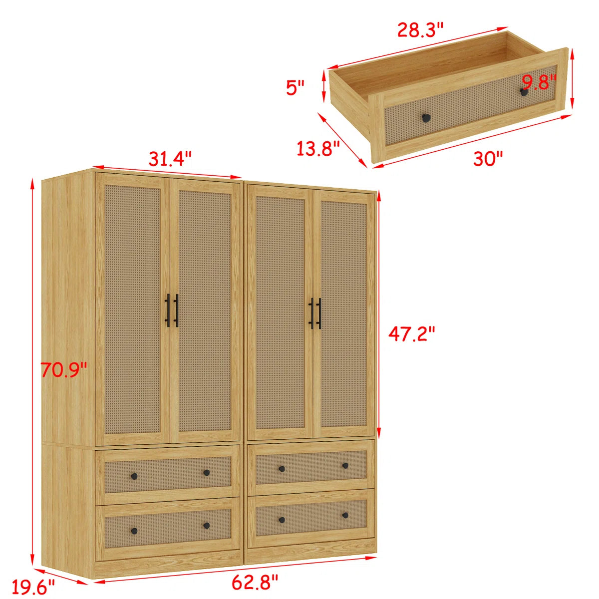 62.8" Wide 4-Rattan Door Wardrobe Closet Set With 4 Drawers & Anti-Tip Design