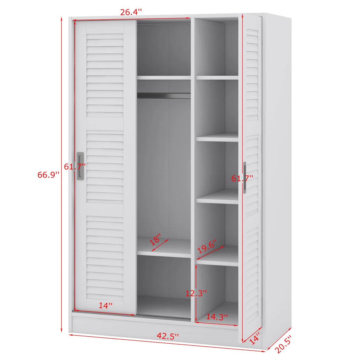 Solid Wood Wardrobe With 3 Louvered Sliding Doors, Shelves Included, Clothing Storage Cabine