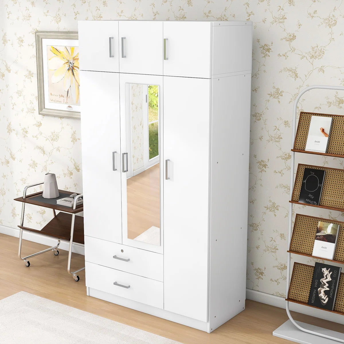 Izzat Wood Freestanding Wardrobe with Built-In Mirror, 2 Drawers and Top Cabinet