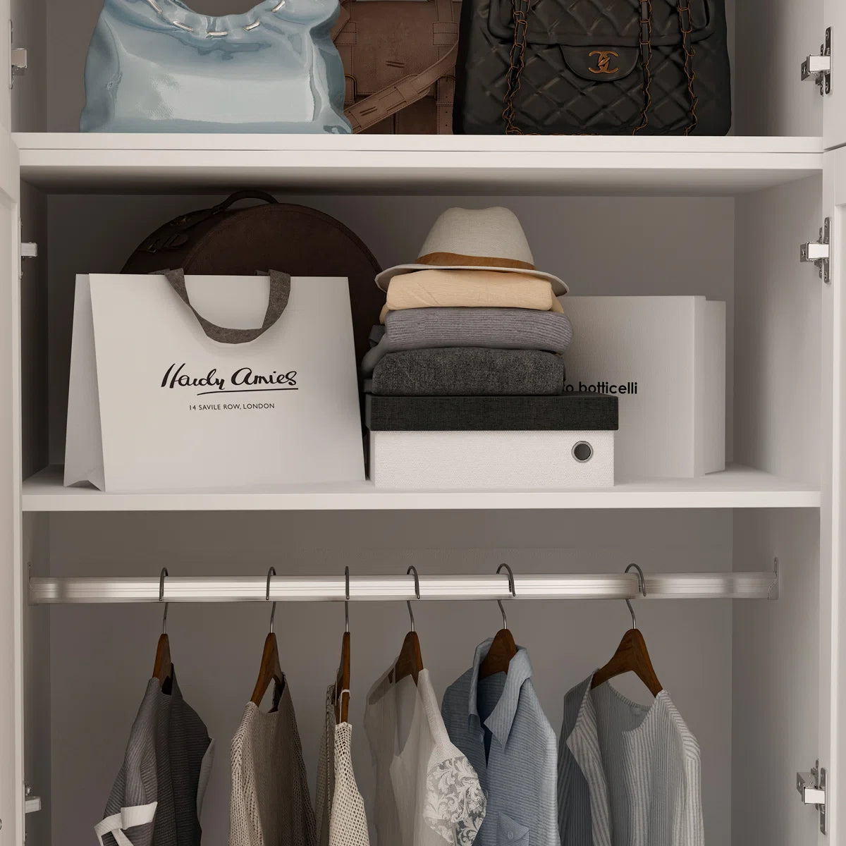 Modern White Wardrobe Closet With Top Cabinets And Drawers, Freestanding Armoire With Hanging Rods & Storage Shelves, Gold Handles
