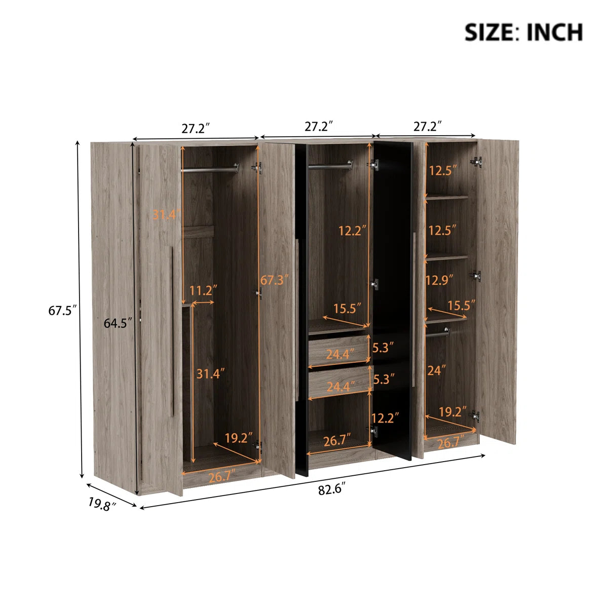 Wooden 6-Door Wardrobe Closet with 4 Drawers, Bedroom Storage Cabinet Armoire with Hanging Rods and Shelves, Clothes Organizer for Home,Black+Nature