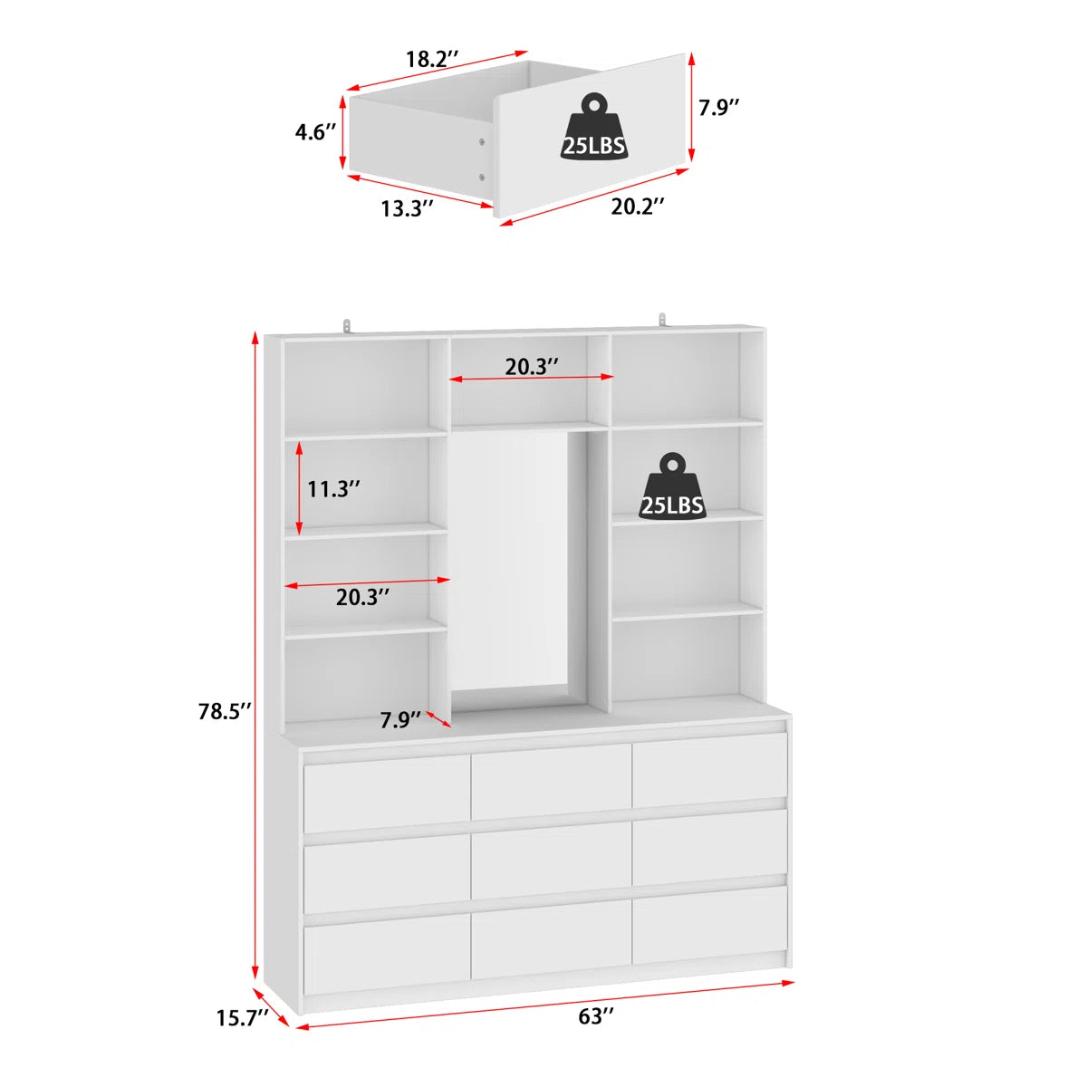 9-Drawer 7-Shelf Wardrobe With A Large Mirror